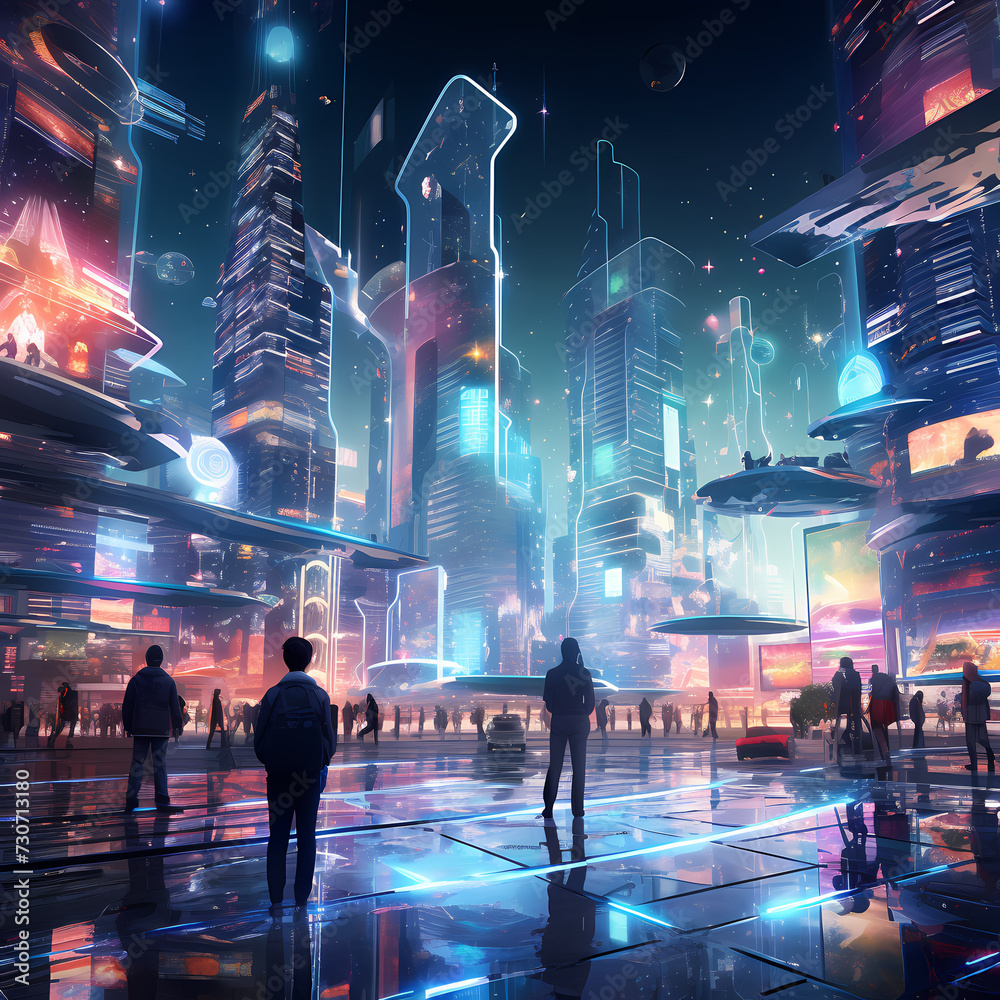 Wall mural a futuristic cityscape with holographic billboards