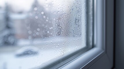 Close-up of double-glazed window condensation caused by excessive moisture in the house in winter occurs when the seal between panes is broken or desiccant inside the window. 