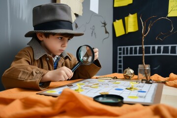 boy in detective outfit with magnifying glass near clue board - obrazy, fototapety, plakaty