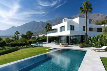 Exterior modern white villa with pool and garden, mountain view