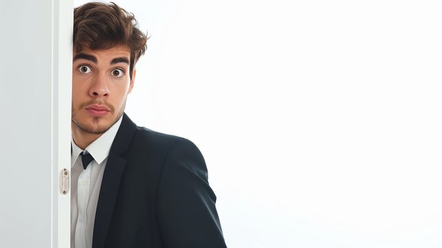 A young businessman with curiosity peers through an isolated door on a white background.