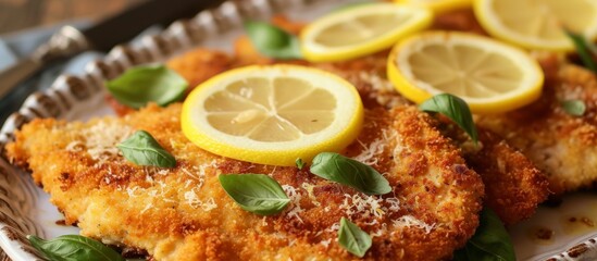 Recipe for Spanish breaded chicken with parmesan fillets, served with lemon slices as escalopes de pollo or milanesas de pollo. - obrazy, fototapety, plakaty