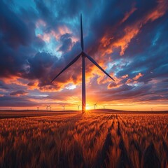 Farming with windmill technology in a vast wheat field with a stunning summer and spring sunlight reflected in the sky, great for business, advertising, blogs etc. Generative Ai - obrazy, fototapety, plakaty