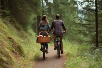 couple biking on a forest trail with a picnic basket