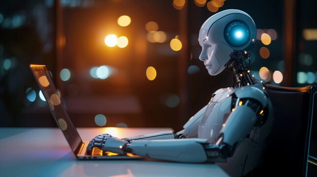 Robot using a laptop computer artificial intelligence. AI chat bot concept.