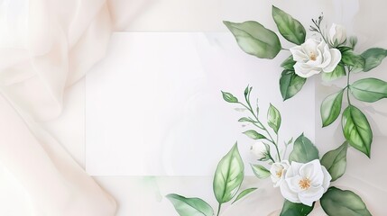 beautiful watercolor wedding invitation with greenery leaves and white flower, generative ai