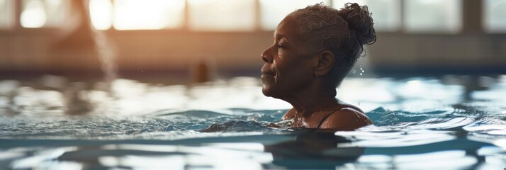 Dynamic image of an African American elderly woman participating in a water aerobics class, highlighting active living and community.
