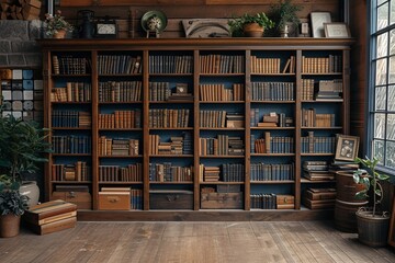 A cozy bookshelf filled with books and a potted plant Generative AI