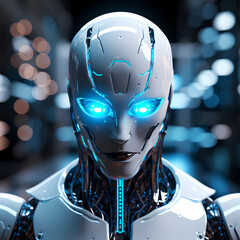 A futuristic robot with glowing eyes.
