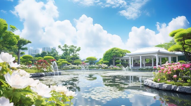 Blue sky, white clouds and beautiful garden. At Taichung city,, generative ai