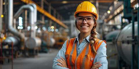 Happy smiling female engineer working against the backdrop of an industrial factory. - obrazy, fototapety, plakaty