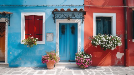 Fototapeta na wymiar Exterior of blue and red dwelling homes with opened doors of netted windows with flowering plants in vases on sills located on clean marble street in daylight