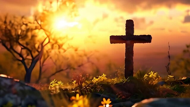 A solitary wooden cross standing prominently on a path in a natural landscape