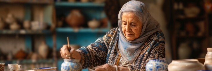 Serene image of a Middle Eastern elderly woman painting pottery, illustrating creativity and fine motor skills. - obrazy, fototapety, plakaty