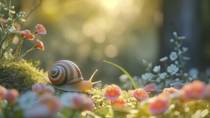 Cartoon snail influencer promoting slow living and mindfulness, in a serene garden at sunrise.
