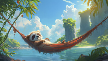 A cartoon sloth influencer shares leisurely travel vlogs as they relax in a hammock, gazing over a tropical paradise.