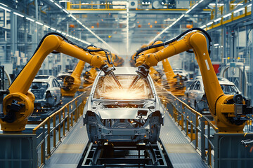 Robotic arm in a large car assembly plant. Concept of using robots to replace humans. - obrazy, fototapety, plakaty