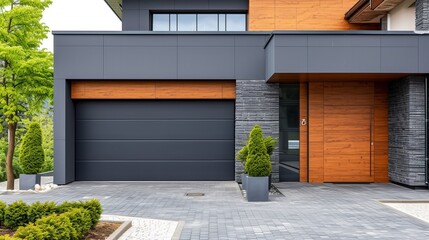 Modern garage entrance with sectional doors - obrazy, fototapety, plakaty