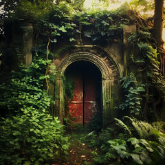A mysterious doorway in a lush garden. 