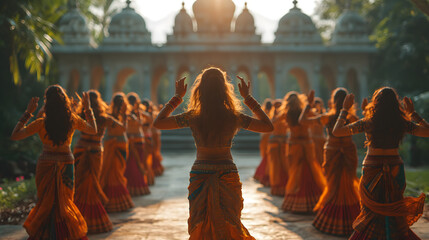 Indian traditional women dancers, dressed in beautiful attire, performing as a group at the palace...