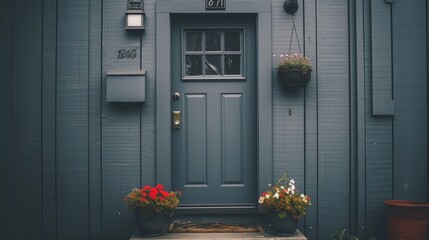 Gray front door with small square decorative windows and flower pots in front of it - obrazy, fototapety, plakaty
