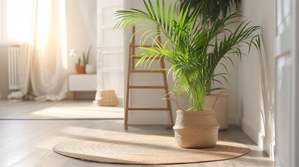 Hallway interior with beautiful houseplant, hanger stand and door mat on floor near entrance