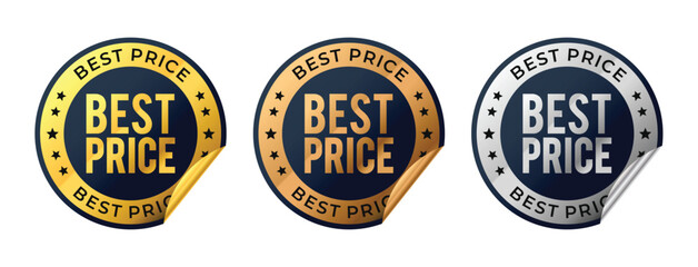 Best price vector badges with fold over. Luxury black gold, bronze, silver labels. For icon, logo, sign, seal, symbol, stamp, sticker. Vector illustration