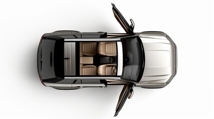 isolated simple and metallic SUV car with open doors from top view on a white background that is easily removable. - obrazy, fototapety, plakaty