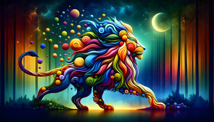 a colorful lion, composed of minimalistic, colorful organic forms, set against a mystical forest background with stars and a moon, creating a vibrant - obrazy, fototapety, plakaty