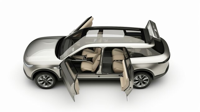 isolated simple and metallic SUV car with open doors from top view on a white background that is easily removable.