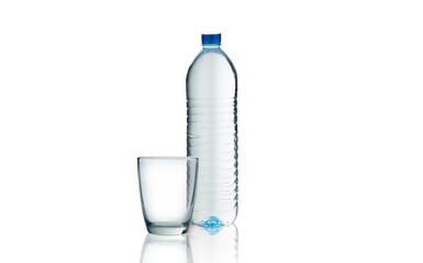 Bottle of water and glass .