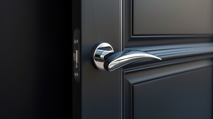 new clean stylish metal door handle on black doors  - obrazy, fototapety, plakaty