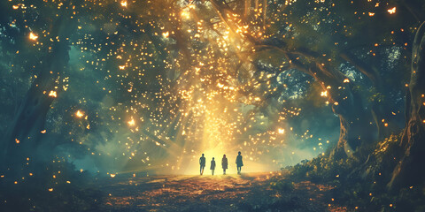 Children who are following the light of God, the light of hope and faith - obrazy, fototapety, plakaty