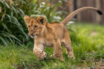 Fototapeta premium lion cub with a small flower crown playing with tail