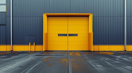 Opening yellow iron shutter door of garage and industrial building warehouse exterior facade with grey concrete road. - obrazy, fototapety, plakaty