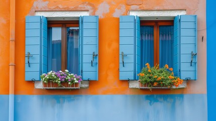 Windows with shutters and flowers on the blue and orange wall of houses on the famous island of Burano, Venice, Italy