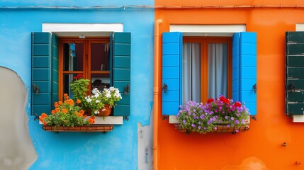 Fototapeta na wymiar Windows with shutters and flowers on the blue and orange wall of houses on the famous island of Burano, Venice, Italy