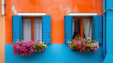 Fototapeta na wymiar Windows with shutters and flowers on the blue and orange wall of houses on the famous island of Burano, Venice, Italy