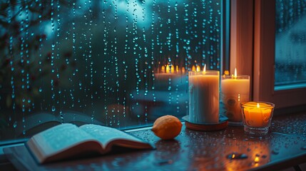 Rain falling on the window, flowing raindrops, candles, the comfortable sound of rain ASMR, books, cozy cafes and study rooms