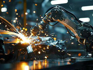 Close up of sparks fly out machine head for metal processing at the factory. Robotic production of automobile assembly parts in the welding department of an automobile manufacturing plant. Automotive 