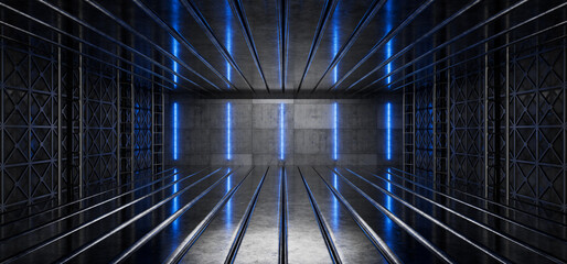 Metal garage with smoke, fog. Futuristic, empty garage. Iron tunnel. Production hangar. Blue neon light. Futuristic, cool background for product presentation. Gloss. Factory, plant. 3D render.