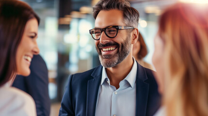 Happy multi-generational team engaging in a light-hearted conversation at work. Casual business meeting with a cheerful mature professional and young adults.