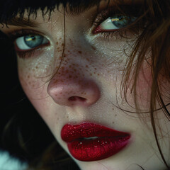 high fashion photo makeup deepened lips and long spidery eyelashes a dusting of freckles across nose and cheeks 