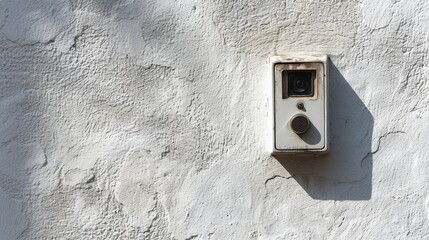 video doorbell outdoors on white plastered wall with call and camera, copy space. 