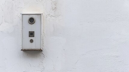 video doorbell outdoors on white plastered wall with call and camera, copy space. 