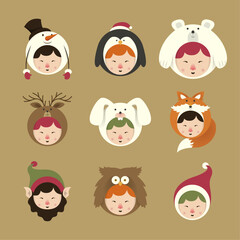 Fototapeta premium Cute Cartoon Characters Wearing Various Winter Hats