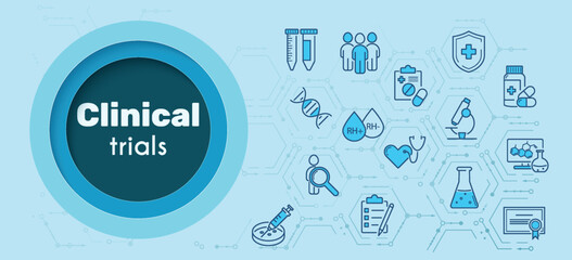 Clinical study, trials,research concept on a blue background. Comparison group, test person,syringe, pills, microscope,test tubes, dna, test, prescription, Rh factor, blood. Vector. Paper cut style.