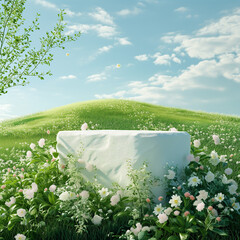 White podium product stand 3d render with natural colorful flowers and grass field on spring scene background for advertising banner, cosmetic, perfumed, fragrance, spring season