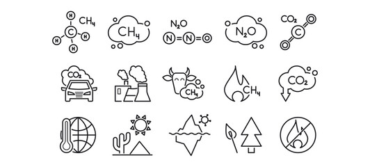 Greenhouse gases: methane ch4, carbon dioxide, n2o line icon set. Deforestation, glacial melt, burn, toxic, fire, incineration, cow, leaks, formula, molecule, cloud. Outline sings. Editable stroke.
