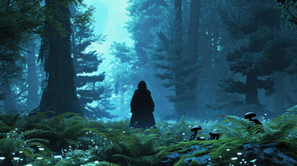Solitary figure exploring mystic forest with luminescent mushrooms. Adventure and fantasy.
